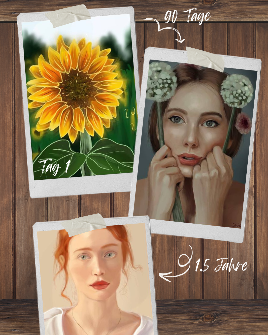 Eine Grafik, die drei Bilder zeigt, die ich gemalt habe: Eine Sonneblume, die recht amateurhaft aussieht, dann, nach 90 Tagen, ein Porträt einer Frau mit zwei Blumen, und nach 1.5 Jahren ein sehr viel schöneres Porträt einer Frau.