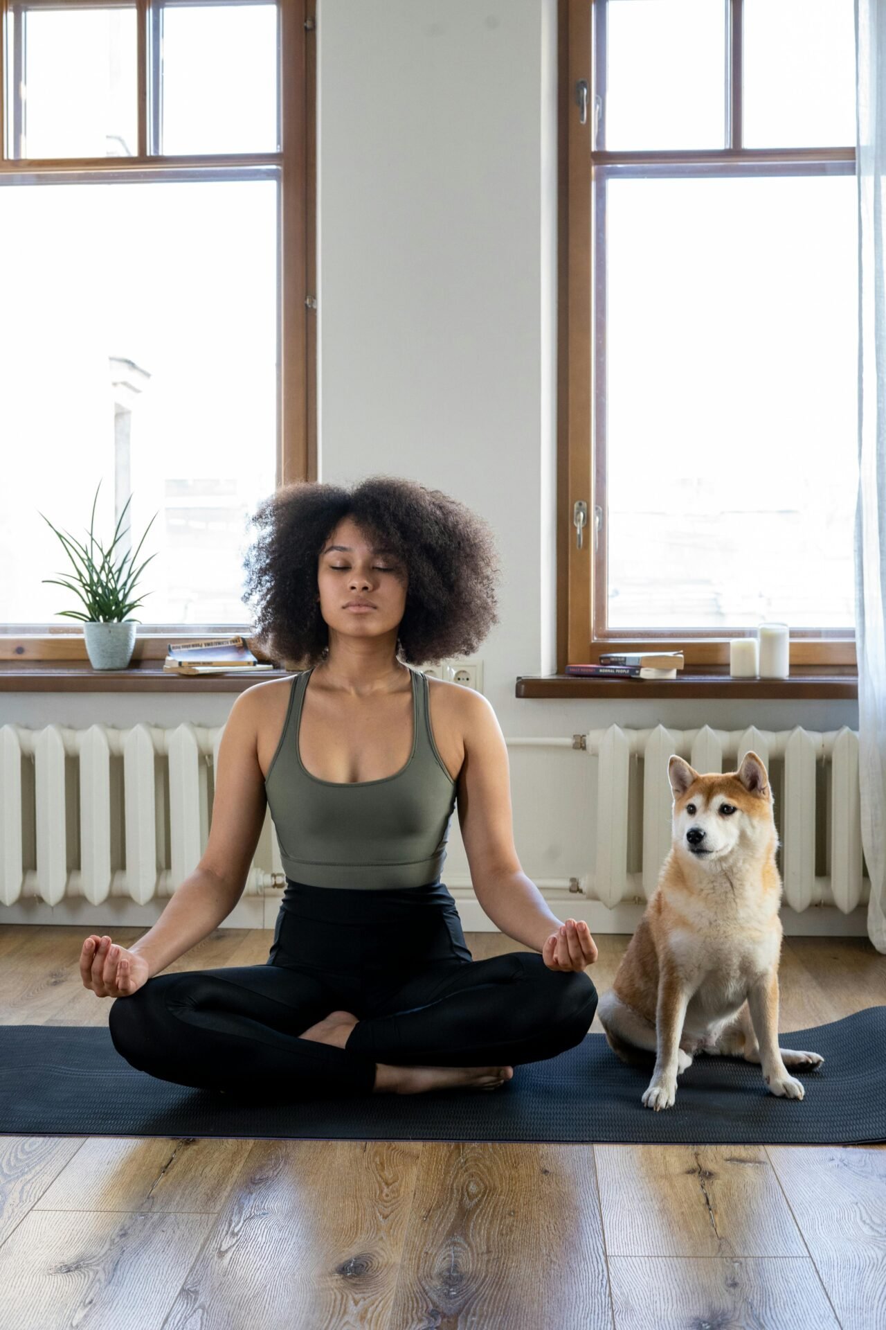 Frau meditiert auf einer Yogamatte und konzentriert sich auf 7 Chakren, neben ihrem Hund in einem hellen Raum.