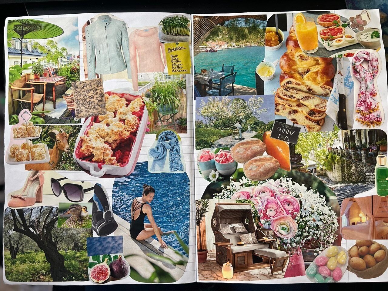 Ein fertiges Vision Board in einem Schulheft aus ausgeschnittenen Bildern. Zu sehen sind Blumen, Kuchen, schönes Wetter, Früchte und Sommerkleidung; das Foto ist selbst gemacht.