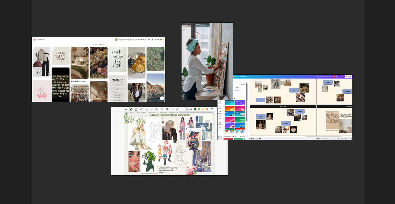 Ein Screenshot meines PureRefs, mit dem man auch Vision Boards erstellen kann. Zu sehen sind die vier anderen Bilder aus diesem Artikel auf dunklem Hintergrund.