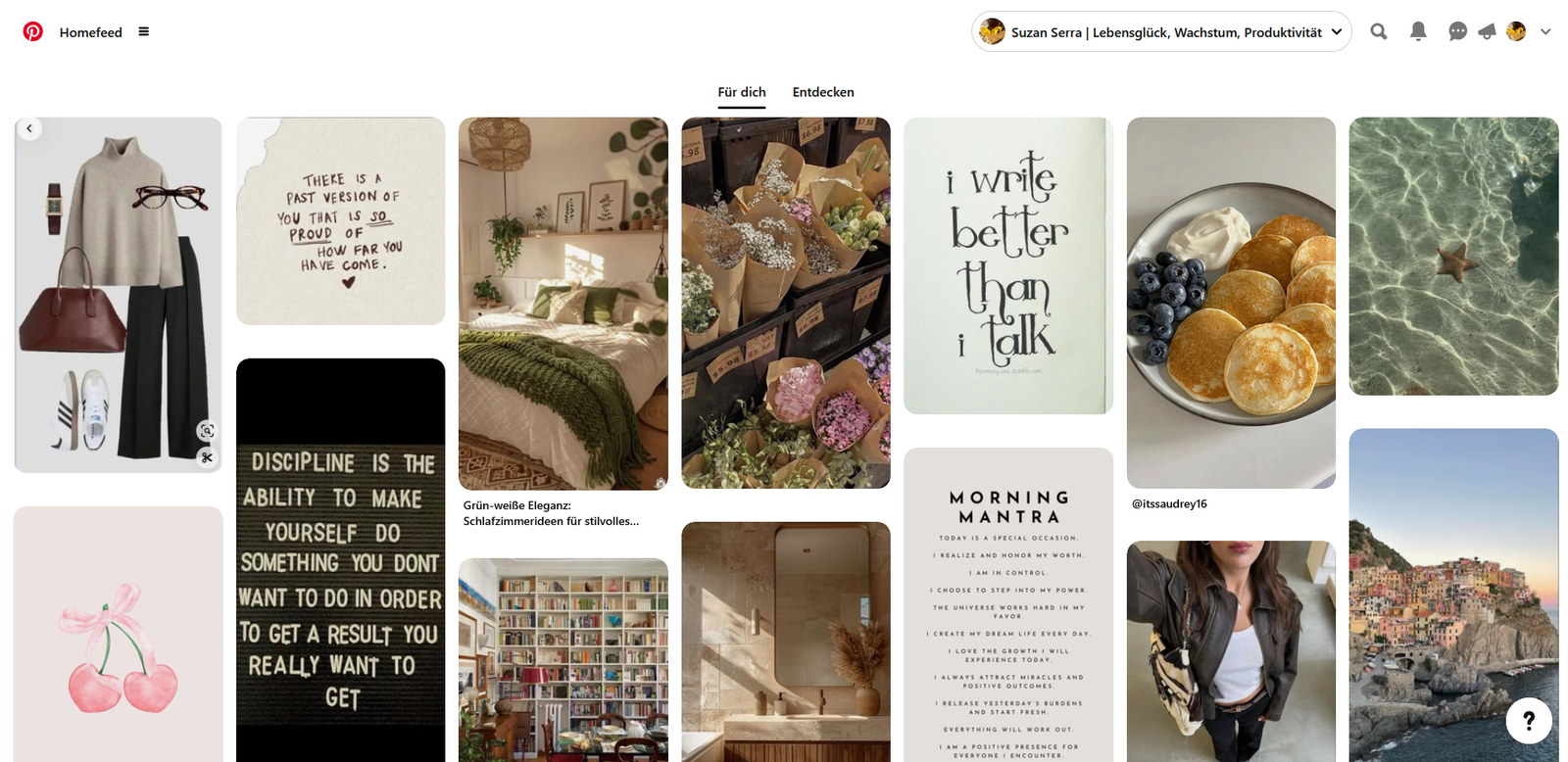Ein Screenshot meines Pinterest Feeds, zu sehen sind verschiedenste Fotos von Mode, Essen, Zitaten und Reisezielen.