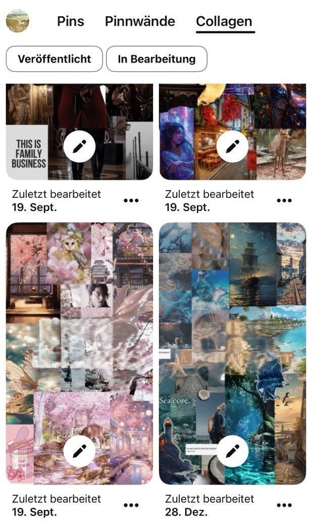 Ein Screenshot meines Pinterest-Accounts mit einer Übersicht einiger Collagen, die ich erstellt habe. Rechts eine blaue mit maritimen Motiven, links eine rosane mit japanischen und Elfen-Motiven.