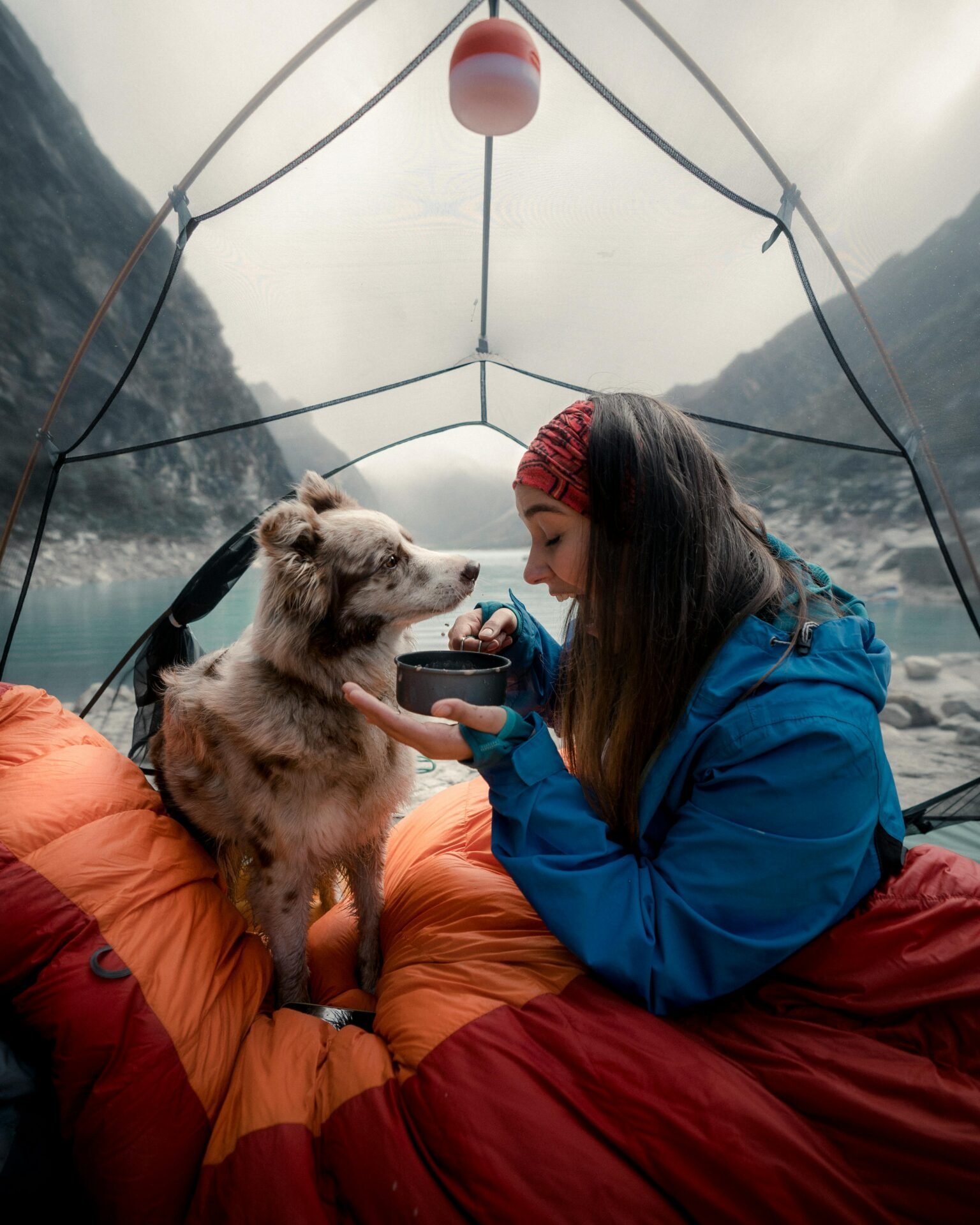 Frau in einem Zelt teilt Essen mit einem Hund, im Hintergrund sind Berge und ein See zu sehen.