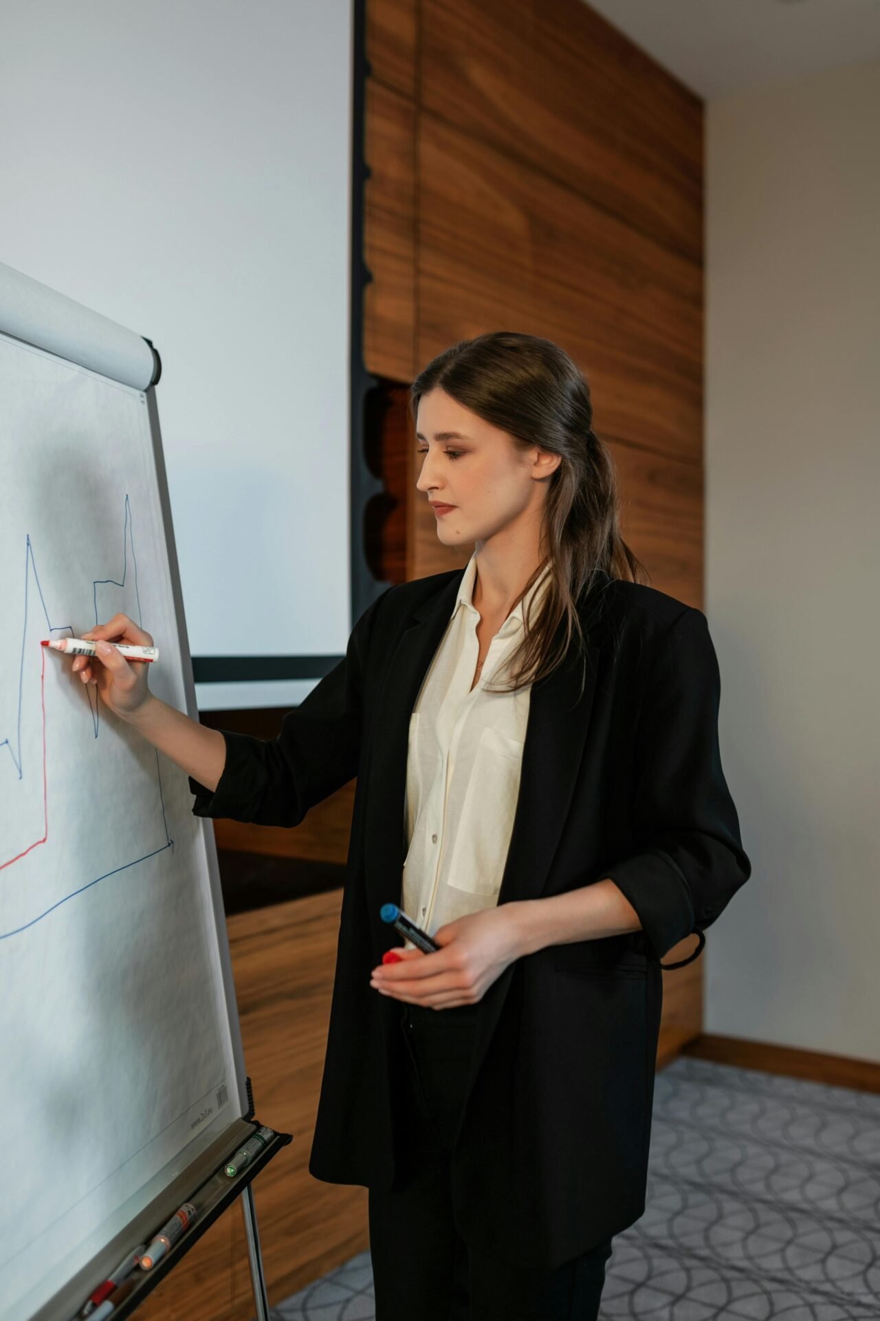 Frau in Geschäftskleidung präsentiert sich erfolgreich und zeichnet eine Grafik auf einem Flipchart in einem Besprechungsraum.