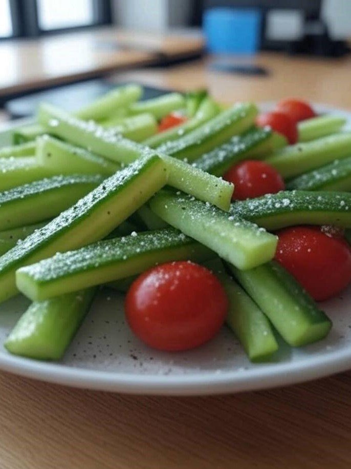 Teller mit Gurkenstangen und Kirschtomaten – perfekt als gesundes Essen für die Arbeit, kalt serviert.