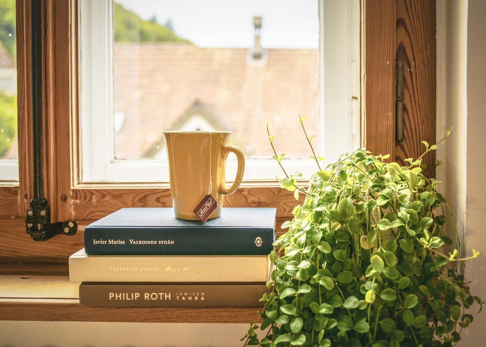Eine Tasse Tee auf Büchern am Fenster, mit einer Pflanze und einem kurzen Glückszitat zur Inspiration.