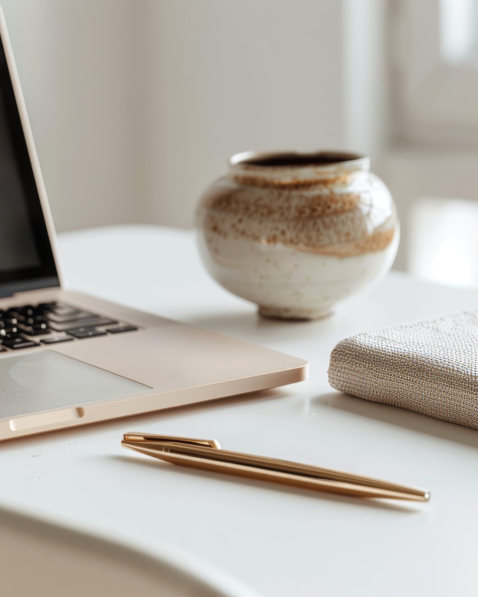 Goldene Stifte, ein geschlossener Laptop und ein strukturiertes Notizbuch für Ihr Online-Geschäft auf einem weißen Schreibtisch.