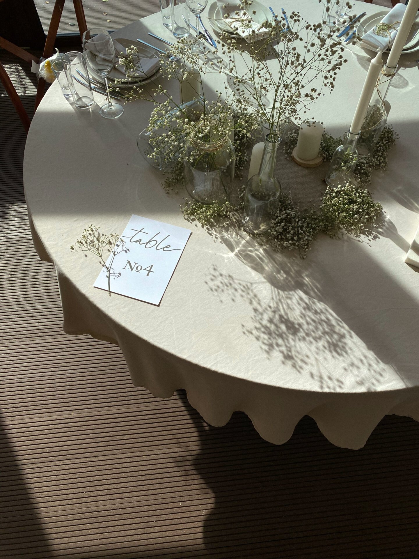 Ein runder Tisch mit weißen Blumen, Kerzen und einem „Tisch Nr. 4“-Schild für eine Online-Geschäftsveranstaltung.