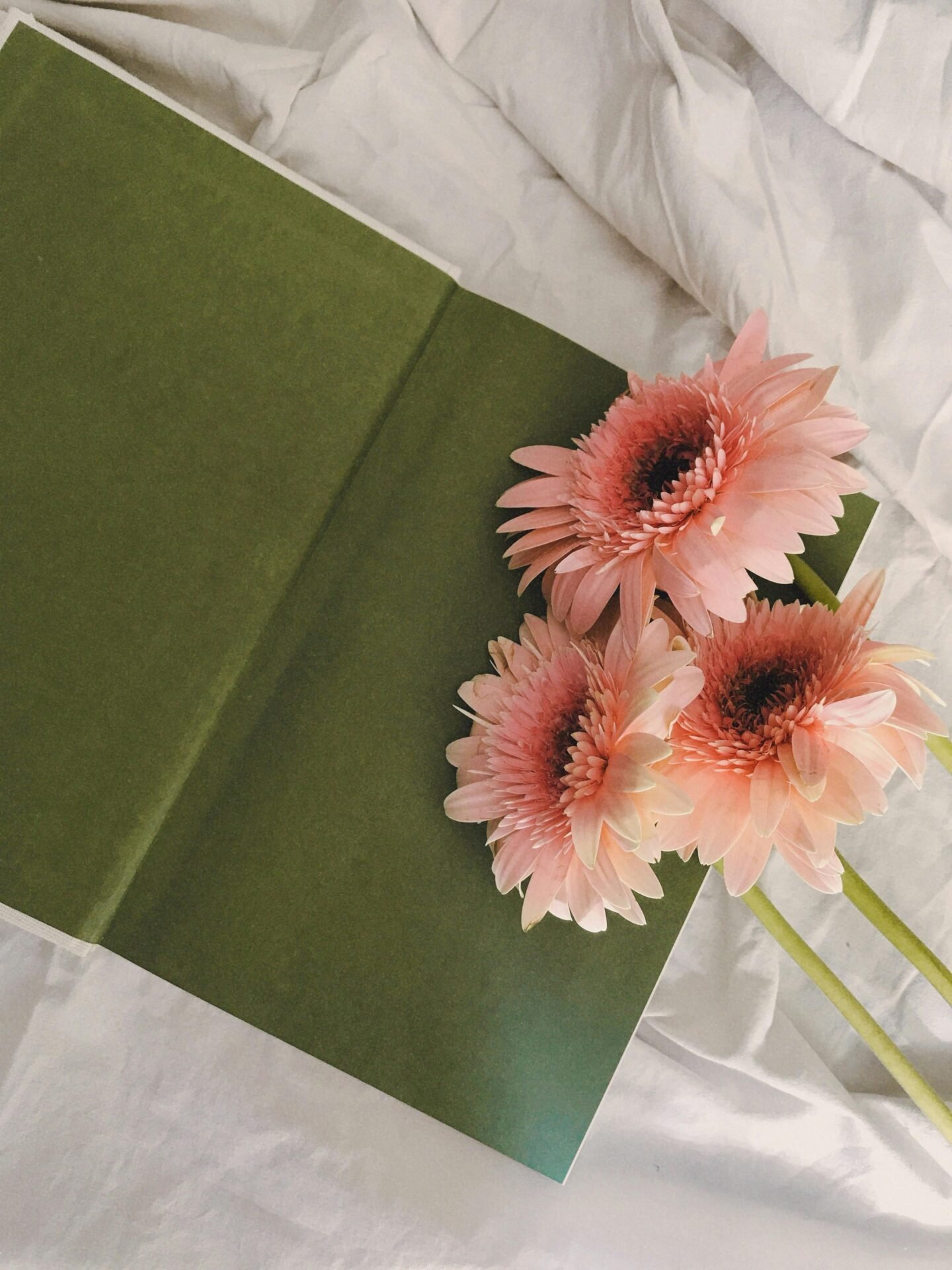 Ein grünes Notizbuch mit rosanen Blumen, die darauf liegen.